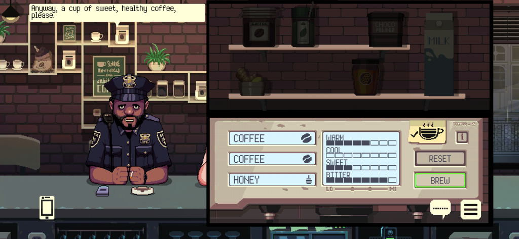 A pixel art scene from Coffee Talk showing a police officer ordering a drink and the coffee brewing menu interface.