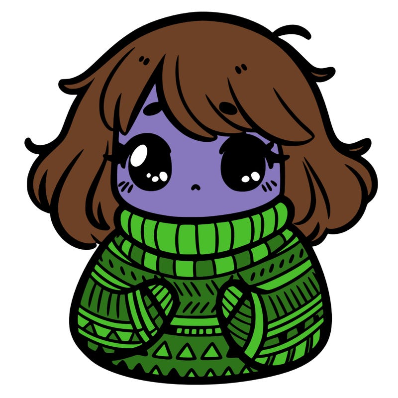 cute girl with floofy hair and a cozy turtleneck pullover with stripes and triangle patterns