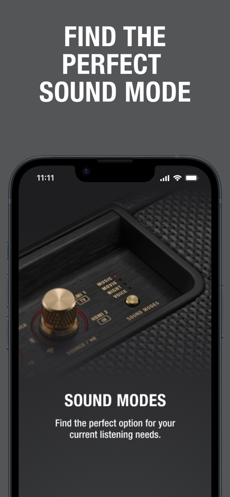 Marshall app interface showing sound mode selection for music movie night and voice