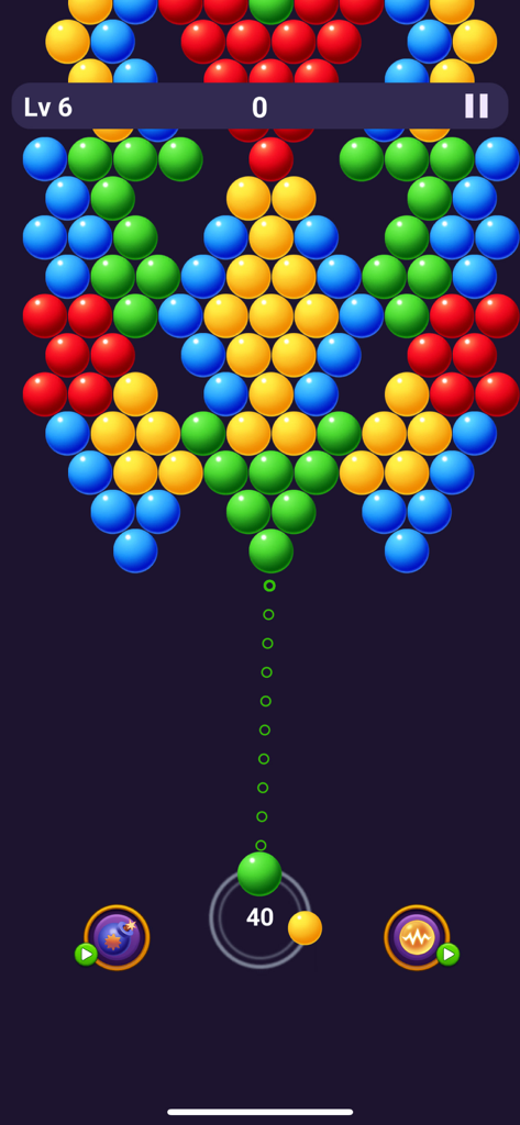 Mini Games : No Wifi Games - Bubble shooter gameplay interface with colorful bubbles and a aiming line