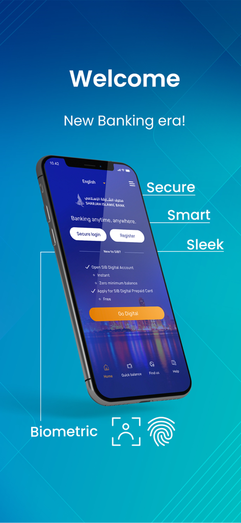 SIB Digital - SIB Digital 뱅킹 앱 환영 화면, 안전한 생체 인식 로그인 및 즉시 계좌 개설 기능 강조.