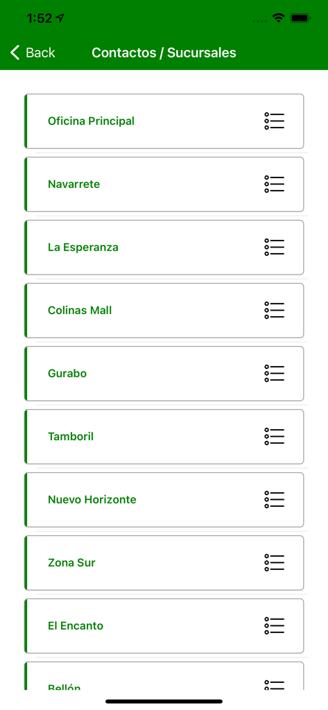 List of branch office locations for Cooperativa La Altagracia on the mobile app screen