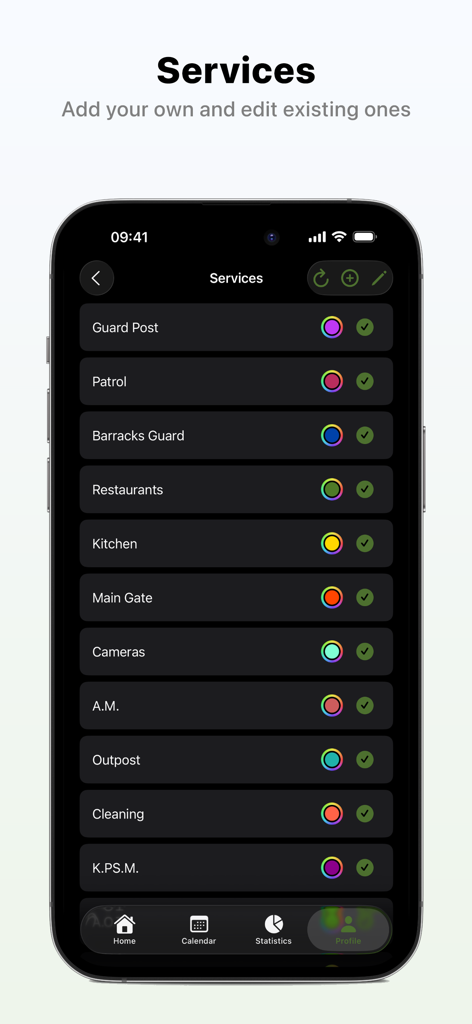 Apolyomai - 아폴로마이 앱 인터페이스, 경계 근무, 순찰 등 추적할 군 복무 목록 표시