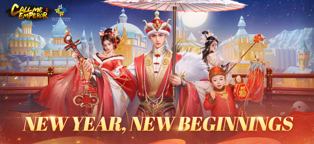 Eine kaiserliche Familie in traditioneller chinesischer Kleidung feiert das Neujahr in einer verschneiten Palastkulisse