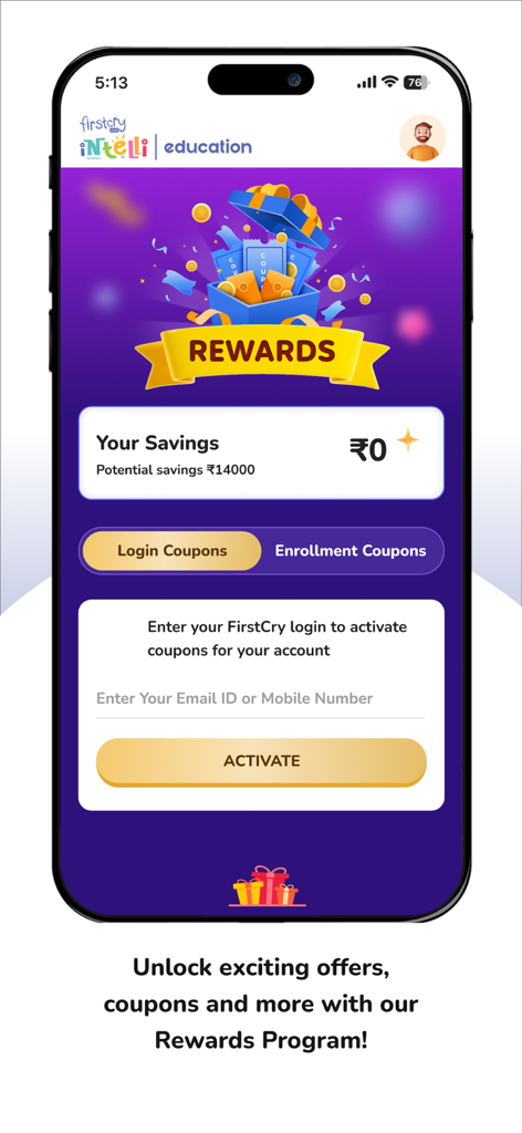 FirstCry Intelli Education - Rewards and coupons dashboard in the FirstCry Intelli Education app