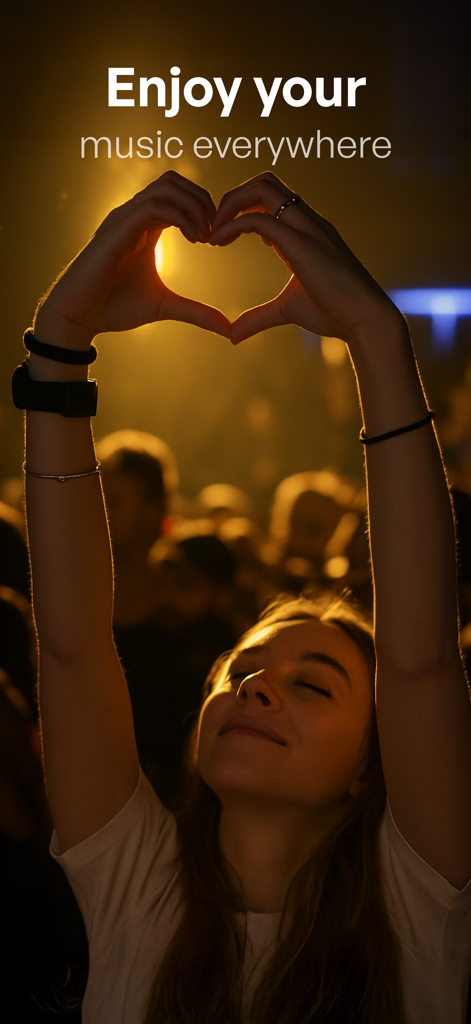 A woman making a heart shape with her hands at a concert under warm lighting with the text Enjoy your music everywhere