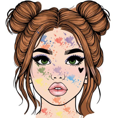 realistic girl with two buns on her hair and lips