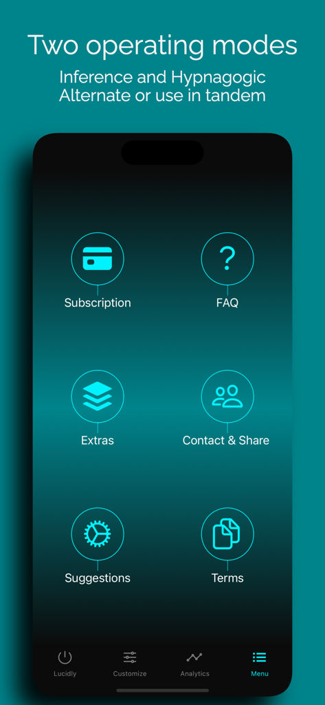 Lucidly - Bildschirm mit dem Menü der Lucidly-App, der Abonnement-, FAQ- und Betriebsmodusoptionen anzeigt.