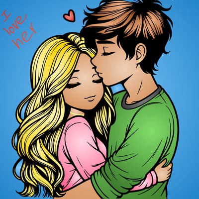 a realistic couple boy and girl hugging and kissing