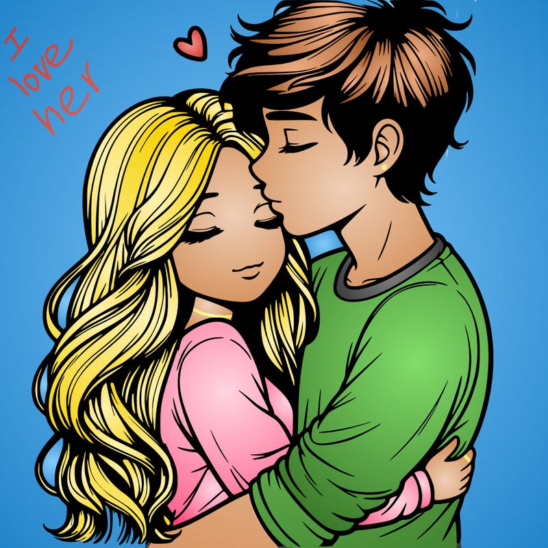 a realistic couple boy and girl hugging and kissing