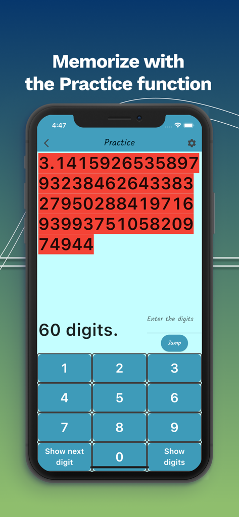 Practice screen of the Pi Answer Game showing digits of Pi and a keypad for memorization training.