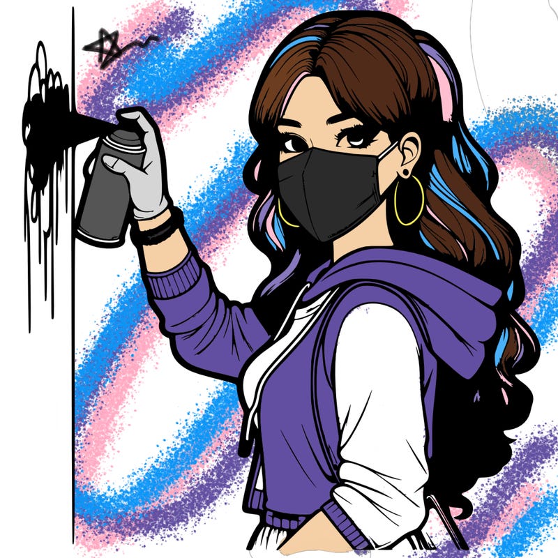 realistic girl with mask spray painting a wall