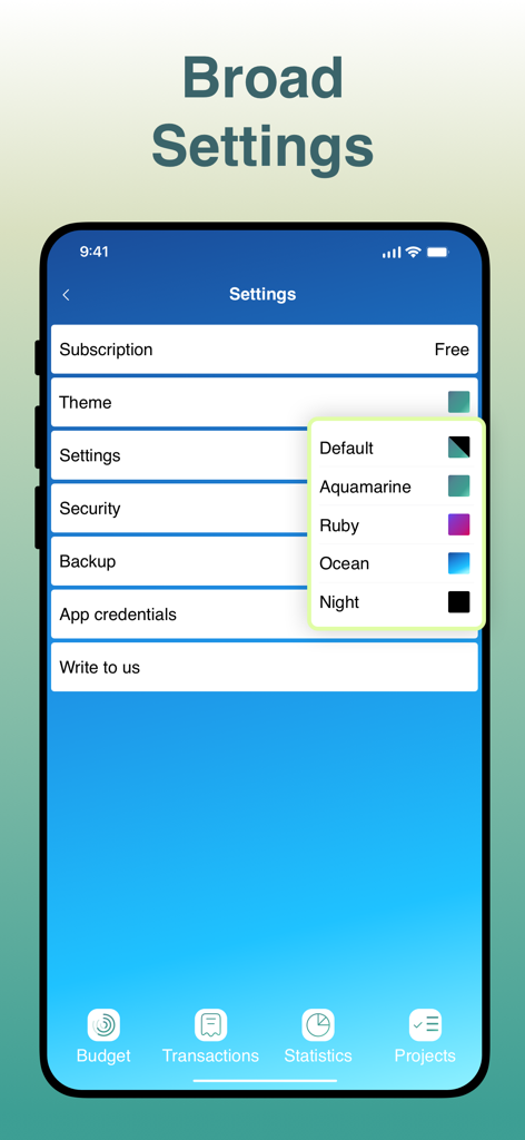 Agile Budget Planner & Tracker - Écran des paramètres de l'application Agile Budget Planner montrant la personnalisation des thèmes et les options de sécurité.