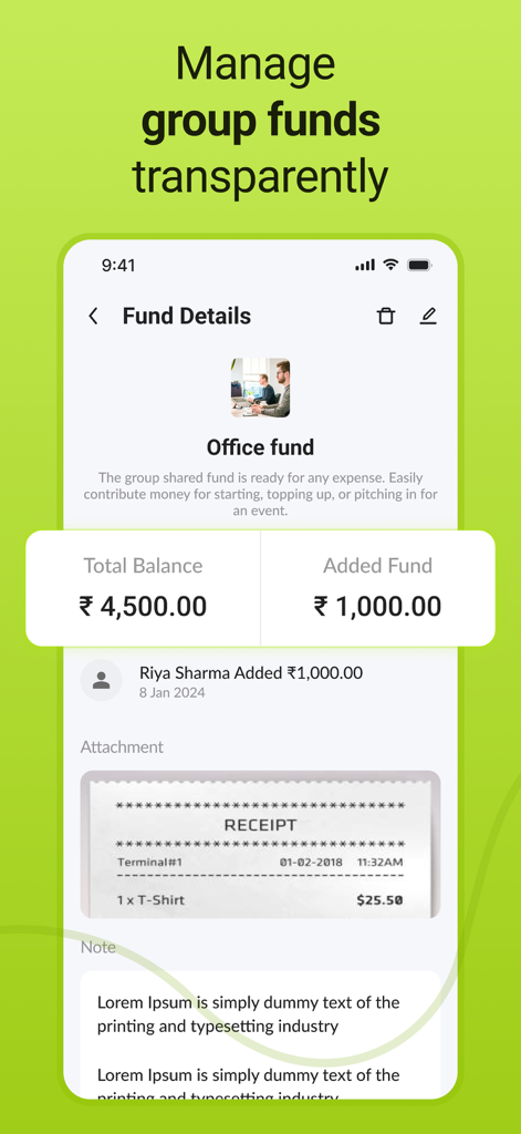 Settle up & Split rent: Splito - Interfaz de la aplicación Splito que muestra los detalles de los fondos de la oficina con el saldo total y un recibo escaneado adjunto.