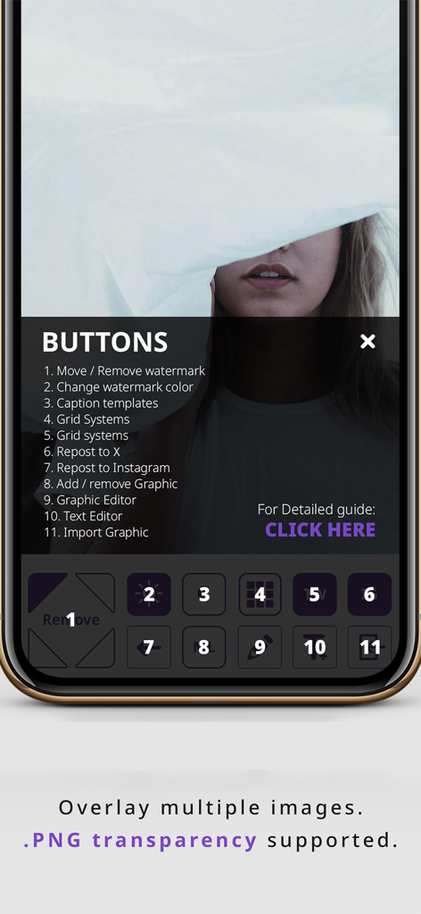 Rep0st - Repost for iG & X - Interface of the Rep0st app showing a guide for watermark editing caption templates and PNG graphic overlays