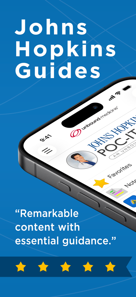 Johns Hopkins Antibiotic Guide - Smartphone screen showing the Johns Hopkins Guides app for healthcare professionals with a five star rating