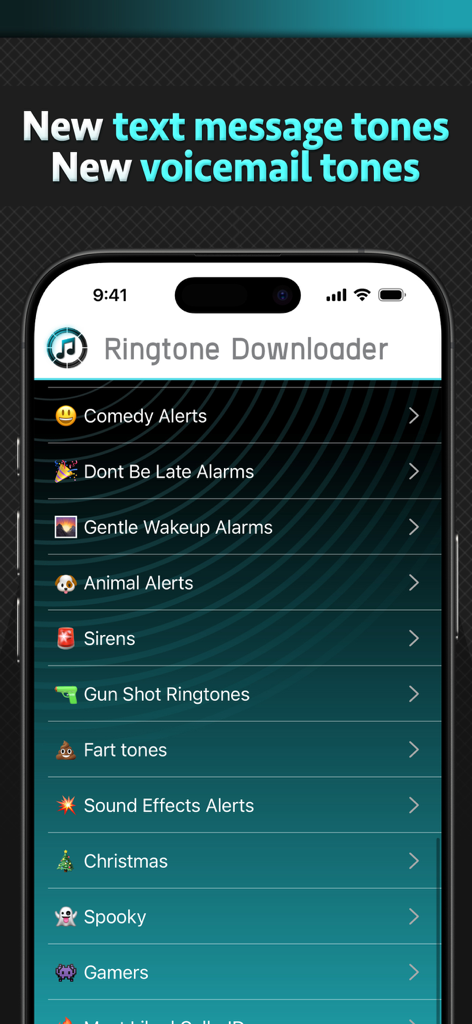 Ringtone Downloader Pro - A smartphone screen displaying a list of ringtone categories including comedy alerts, alarms, animal sounds, and sirens.