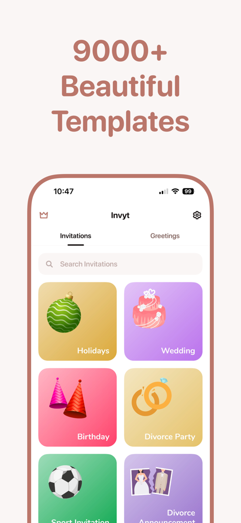 Pantalla de la aplicación Invitation Maker que muestra categorías de plantillas para vacaciones, bodas y cumpleaños