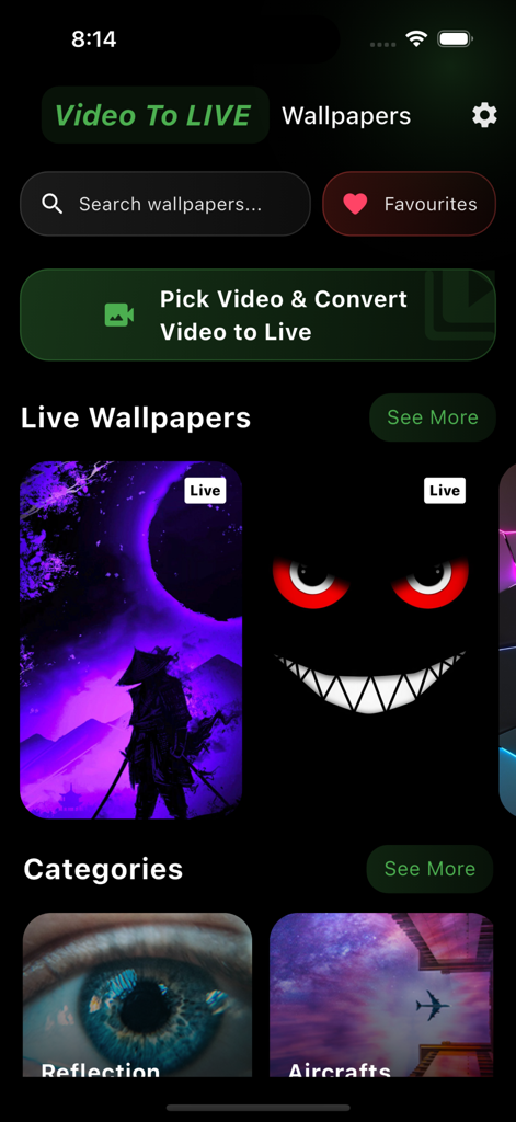 Écran d'accueil de l'application Video To Live Wallpaper montrant l'outil de conversion vidéo et les catégories de fonds d'écran animés