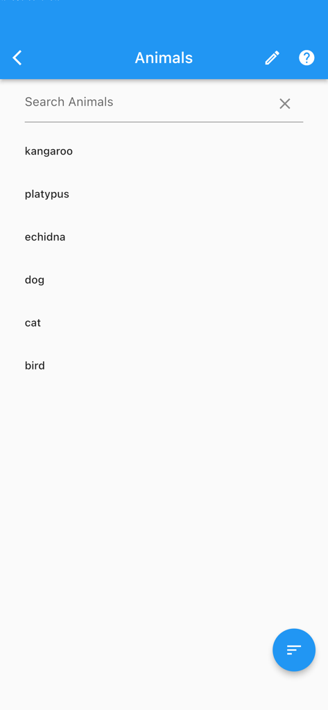Interface of the Auslan Dictionary app showing a custom list of animal words like kangaroo and platypus