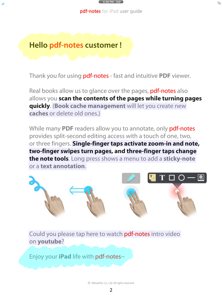 pdf-notes for iPad (ads) - Une page du guide utilisateur de l'application pdf-notes expliquant les gestes des doigts pour la navigation et l'annotation.