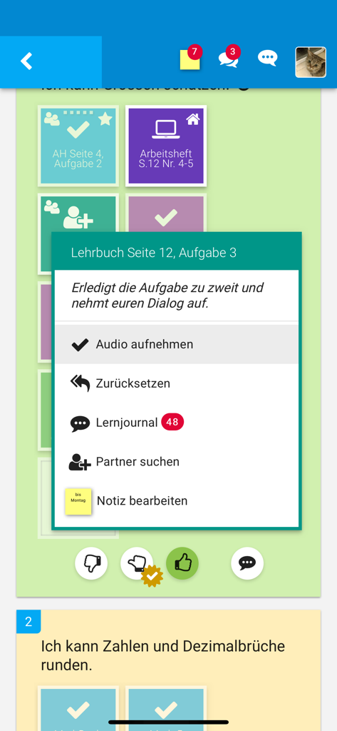 LearningView.org - LearningView app interface displaying student assignments and task options in German.