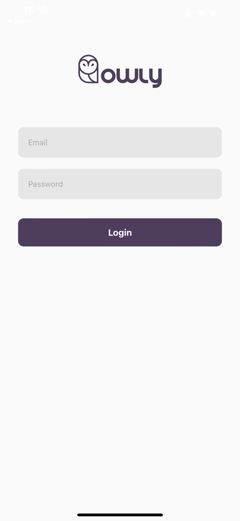 Owly Childcare - Owly Childcare app login screen featuring email and password fields