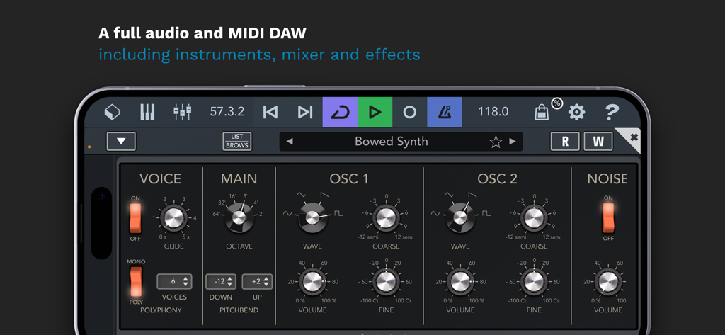 Cubasis 3 - DAW & Music Studio - DAW mobile Cubasis 3 che mostra un'interfaccia di sintetizzatore con controlli dell'oscillatore