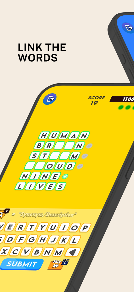 Word Chain Reaction mobile game screen showing a word linking puzzle and keyboard interface
