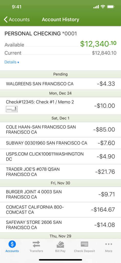 The account history screen of the OurFirstFed Mobile Banking app displaying a personal checking account balance and recent transactions