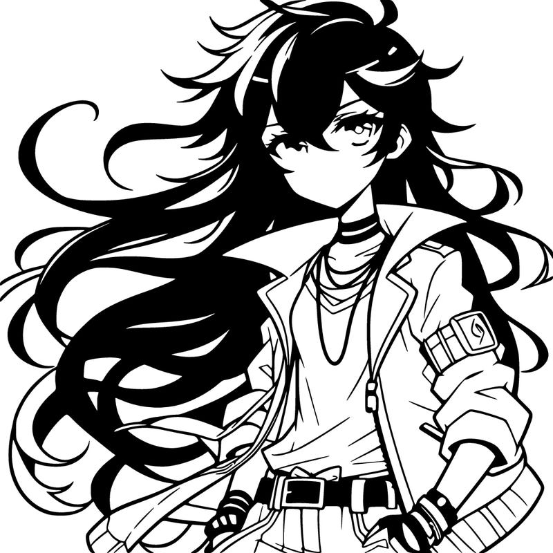 anime cool tomboy with flowing black hair and cool outfit