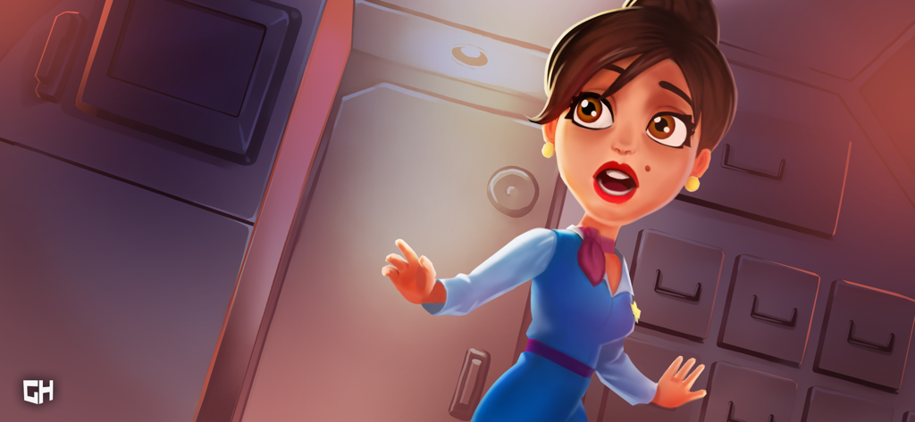 Amber Hope looking surprised inside an airplane galley
