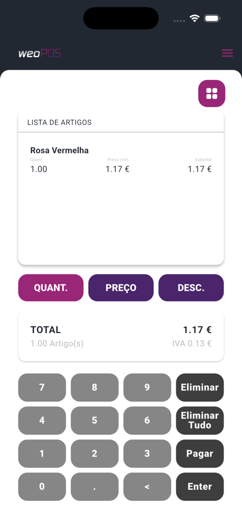 Pantalla de terminal POS móvil que muestra una lista de artículos de venta y un teclado numérico para el pago del negocio