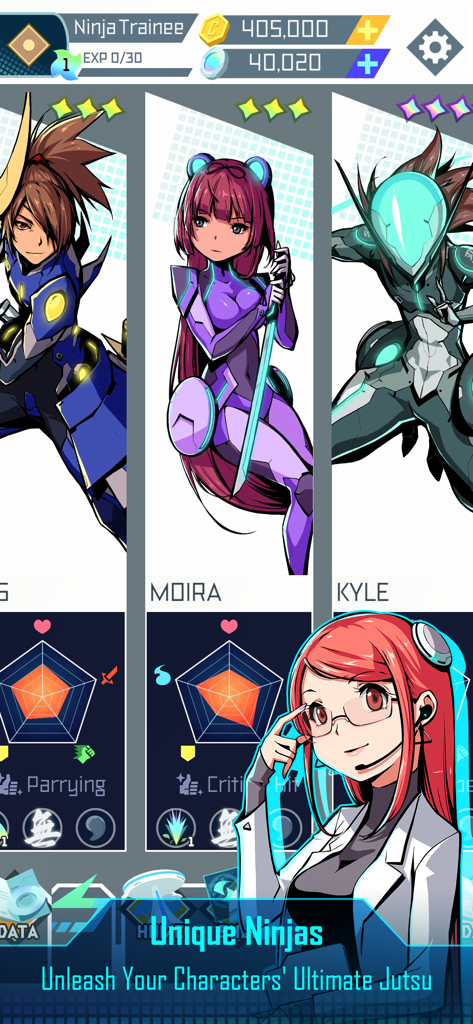 Ninja Gear - さまざまなサイバーニンジャキャラクターとその能力統計を紹介するNinja Gearのキャラクター選択画面