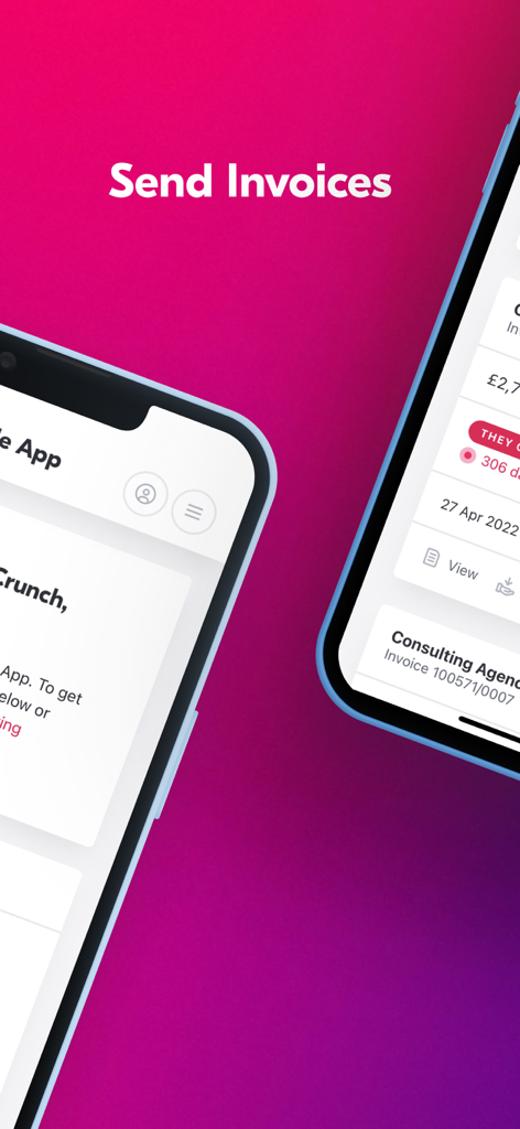 Crunch Accounting - Interfaz de la aplicación móvil Crunch Accounting que muestra la función de envío de facturas en dos teléfonos inteligentes