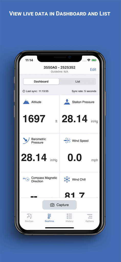 Kestrel LiNK app dashboard displaying real-time environmental data including altitude pressure and wind speed.