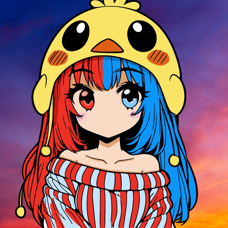 anime girl with chick shaped hat with sweater with bare shoulders with bangs covering them one eye with low tail