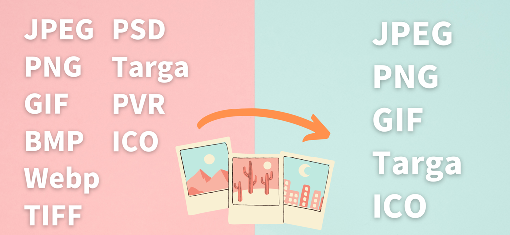 一括画像変換でサポートされている入力および出力ファイル形式を示すグラフィック