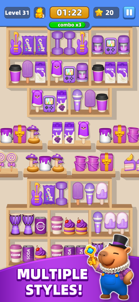 Capy’s Market - Um nível de organização de mercadorias com tema roxo em Capy's Market apresentando um mascote capivara segurando uma chave.