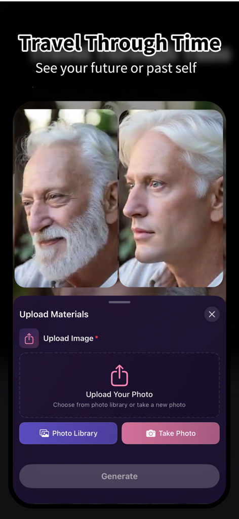 MagicLab AI – All-in-One Tools - Interfaz de la aplicación MagicLab AI mostrando la función de filtro de edad con opciones para subir fotos y generar imágenes de viaje en el tiempo.