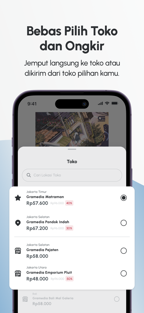 Gramedia app screen showing various store locations for order pickup or delivery in Indonesia.