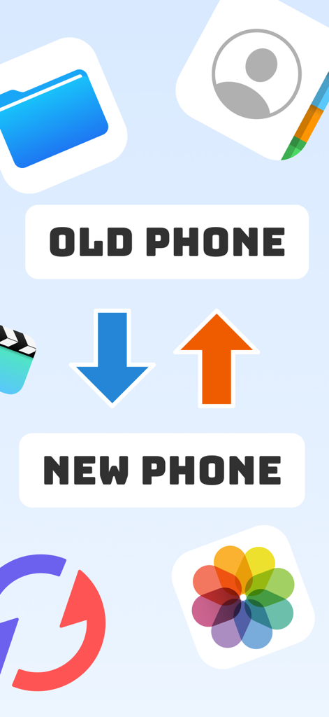 Gráfico que muestra la transferencia de datos móviles entre un teléfono viejo y uno nuevo con iconos de fotos, contactos y archivos