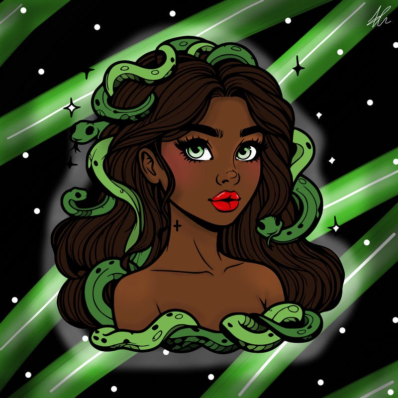 realistic girl with snakes as hair