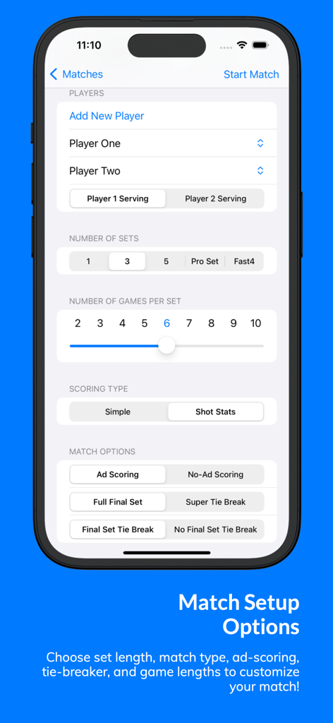 A mobile app interface showing tennis match setup options including players, number of sets, and scoring rules.