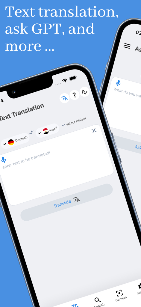 Benutzeroberfläche der arabdict-App, die Textübersetzung zwischen Deutsch und Arabisch mit KI-GPT-Funktionen zeigt.