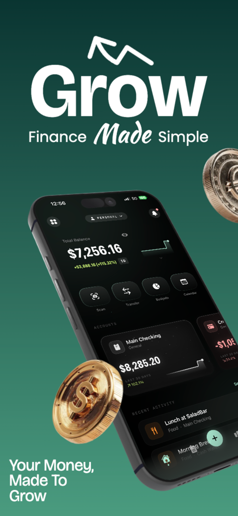 Fint budget and expense tracker app interface showing a financial dashboard with account balances and transaction history on an iPhone.