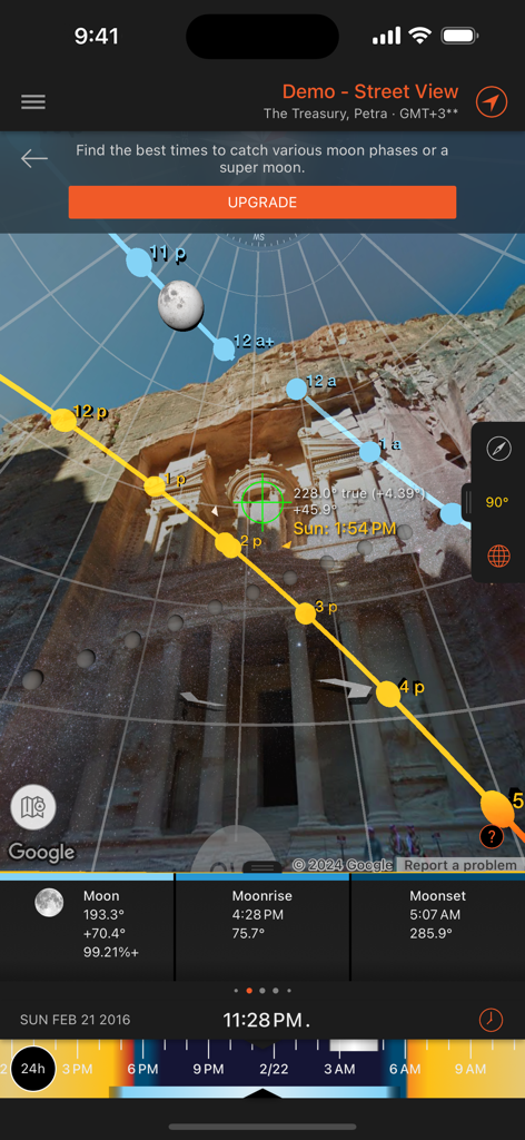 Sun Surveyor Lite - Petraのストリートビューパノラマ、写真撮影計画のための太陽と月の軌道オーバーレイ付き