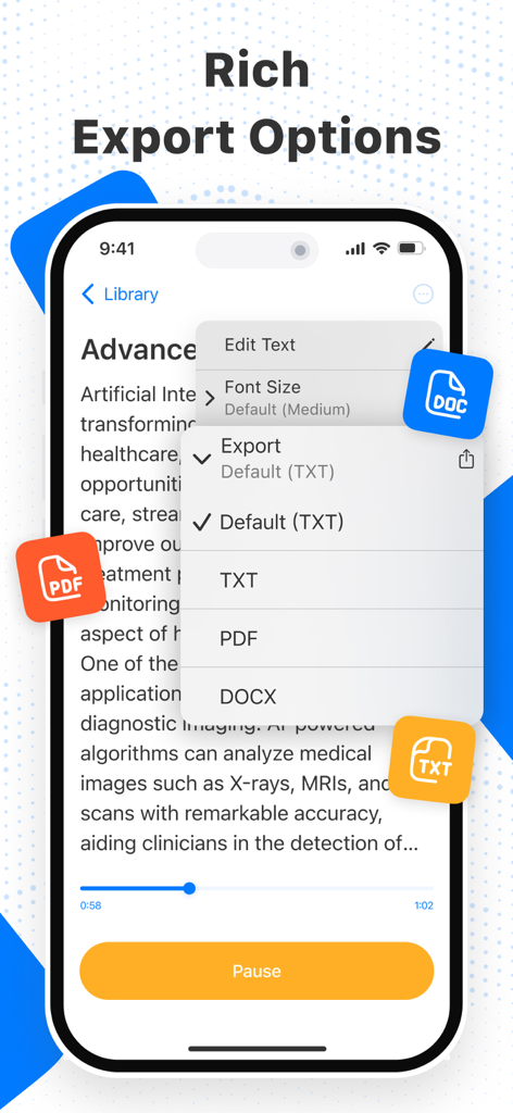 Interface do aplicativo Transcribe mostrando opções de exportação para formatos de arquivo TXT, PDF e DOCX.