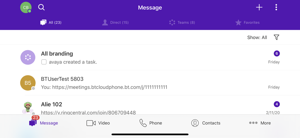 BT Cloud Work - BT Cloud Work mobile app message list showing direct and team conversation threads