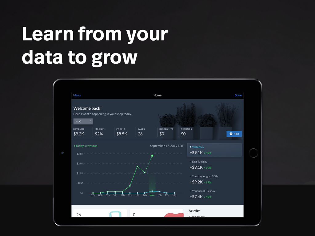 Painel de análise do Lightspeed Retail POS no iPad mostrando dados de receita e crescimento de vendas.
